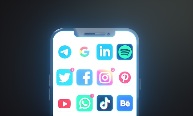 소셜 미디어 마케팅을 위한 복사 공간이 있는 휴대폰 화면의 소셜 미디어 아이콘 및 로고
