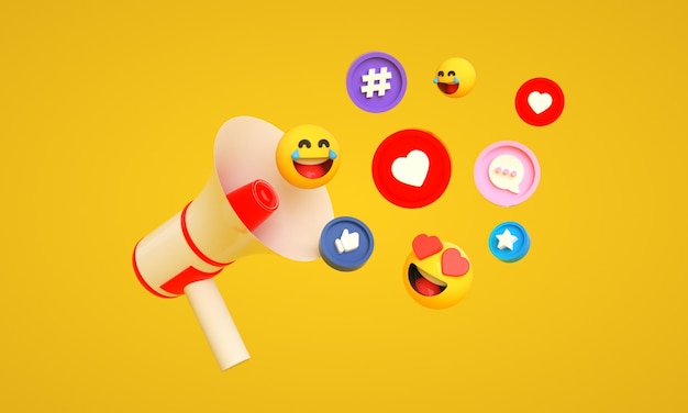 디지털 및 소셜 미디어 마케팅 배경을 위한 3d 확성기가 있는 소셜 미디어 아이콘 및 로고