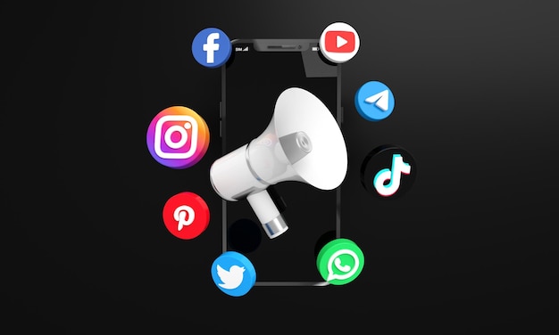 Social media icons and logos with 3d megaphone for digital and social media marketing background