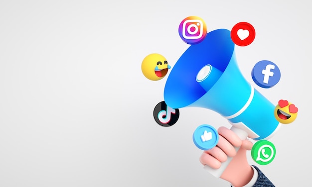 Social media icons and logos with 3d megaphone for digital and social media marketing background