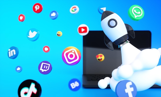 Social media icons and logos with 3d space rocket for digital and social media marketing background