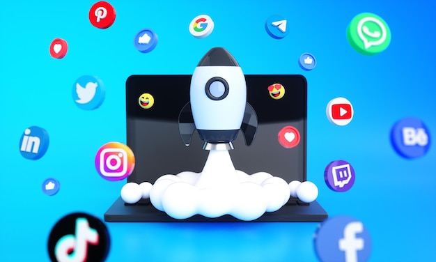 Social media icons and logos with 3d space rocket for digital and social media marketing background