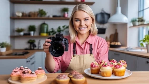 Social media influencer food blogger creating content female chef creating content shooting video