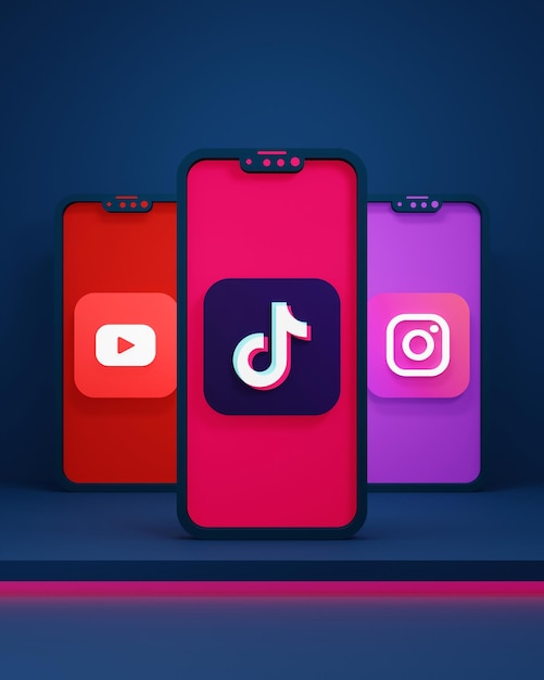 ソーシャル メディア Instagram YouTube Tiktok アイコン スマート フォン 3 D レンダリング