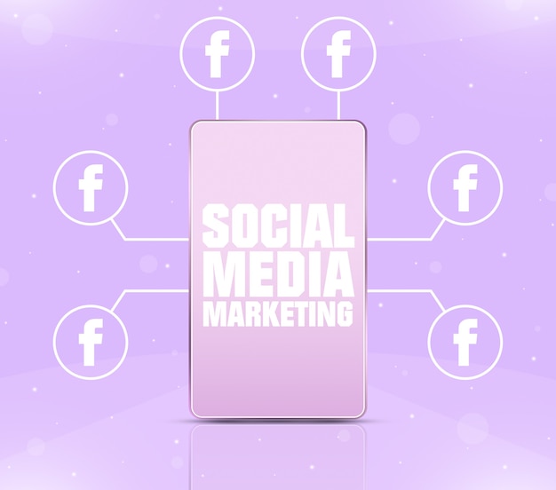 Social media marketing icon on the phone screen with facebook icons around 3d