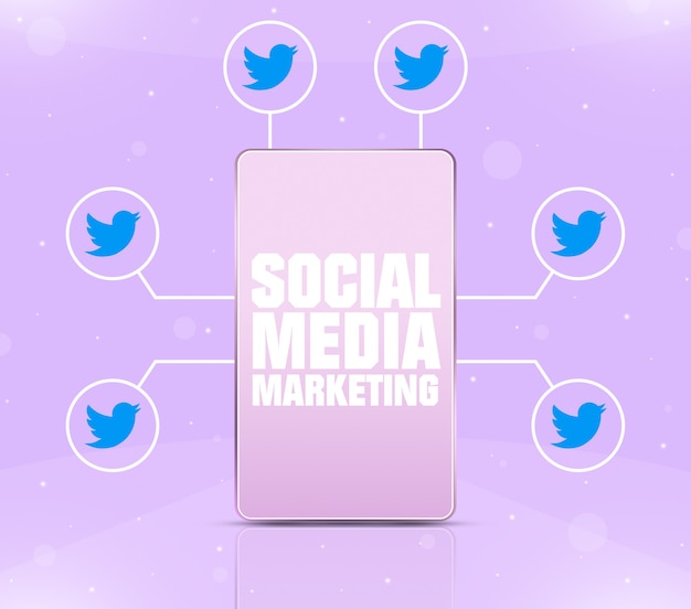 Social media marketing icon on the phone screen with twitter icons around 3d