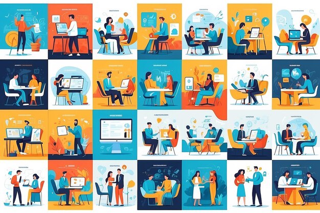 Social Media Marketing illustrations Mega set Collection of scenes with men and women taking part in business activities