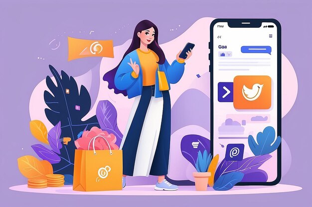 Маркетинг в социальных сетях на мобильных устройствах концепция женщины персонаж с смартфоном шоу товары онлайн