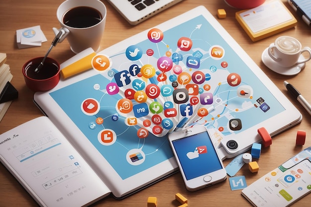 Foto social media marketingconcept voor marketing met applicaties