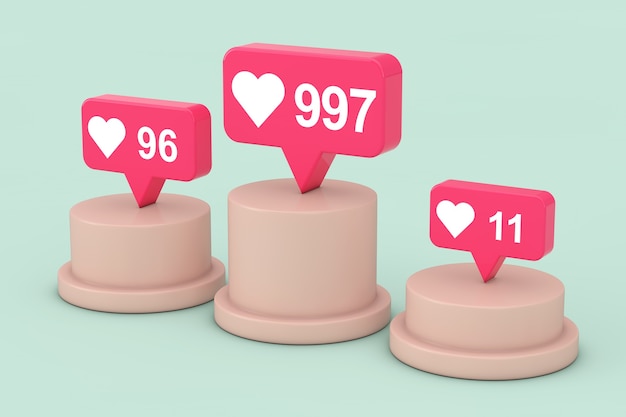 Social media network love e like heart icons on top of pedestal, stage, podium o column su uno sfondo verde. rendering 3d