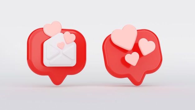 Social media notification with heart icon. One like 3D render heart shape, icon love. Speech bubble, social network with envelope like icons.