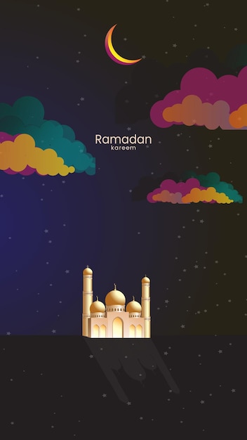 Social media post idee ramadan kareem achtergrond met moskee en prachtige hemel in de donkere nacht