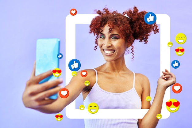 Social media selfie and woman in a frame for a blog post or profile picture of influencer with support of online audience Happy face or blogger in studio background with border or website overlay