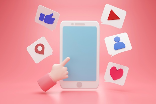 Фото Социальные сети с рукой, указывающей на пустое синее пространство дисплея для текстовой рекламы и знака значка, 3d-рендеринга
