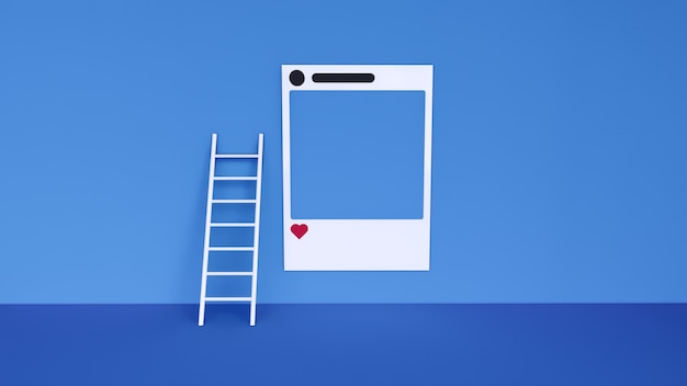Social media with instagram photo frame and geometric shapes on blue background illustration