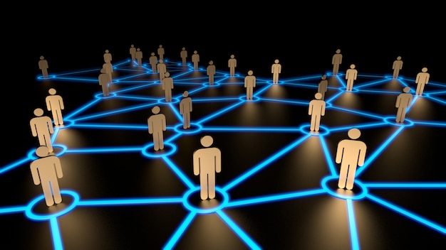 Social network concept, human figures on blue line.3d rendering