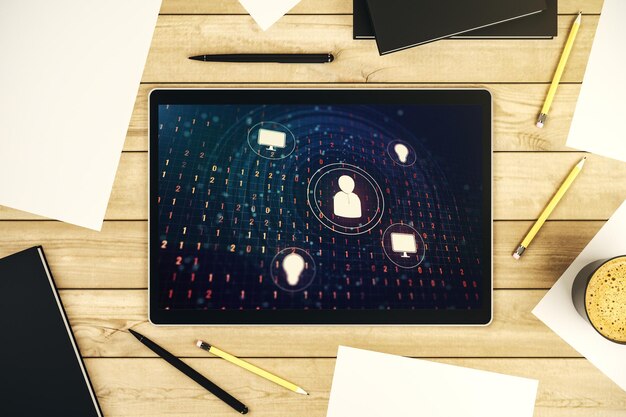 Social network concept on modern digital tablet screen Top view 3D Rendering