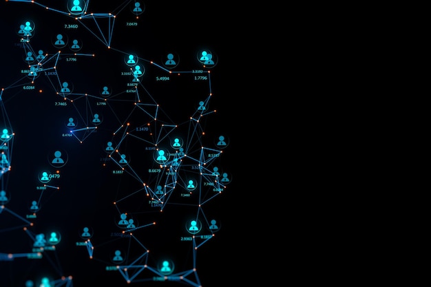 Social network connection and stats data concept with digital illuminated user icons on dark technological background 3D rendering