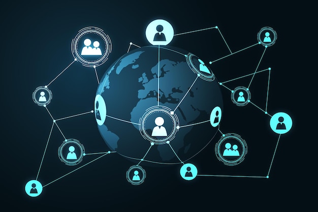 Social network and global communication concept with digital user icons connected by lines on dark blue world map globe background 3D rendering