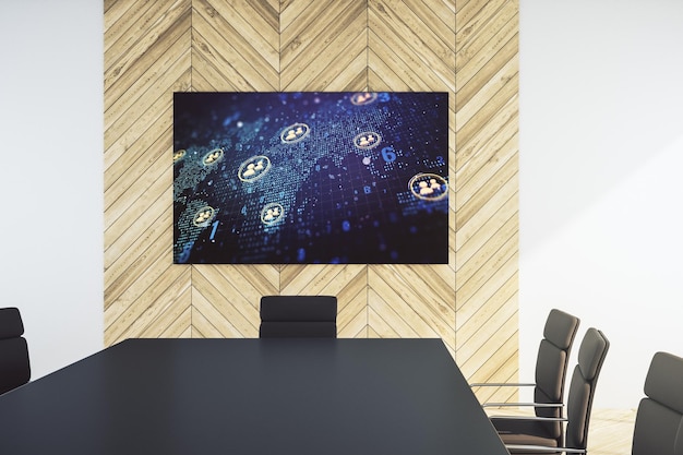 Photo social network icons concept and world map on presentation monitor in a modern boardroom networking concept 3d rendering