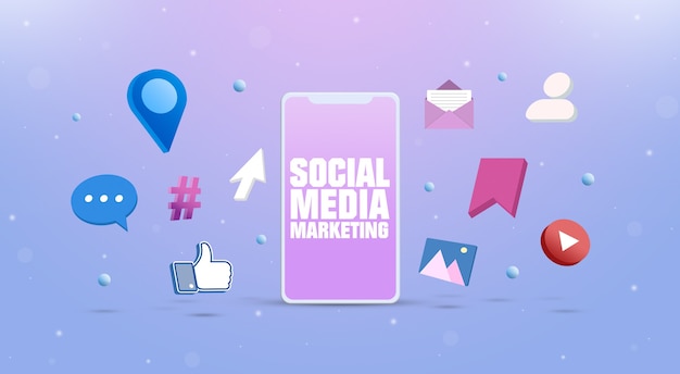 Social network icons with a smartphone social media marketing concept 3d