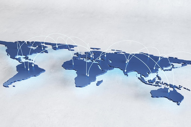 밝은 회색 배경 3D 렌더링의 파란색 그래픽 세계 지도 위에 흰색 화살표 선이 있는 소셜 네트워크 및 인터넷 연결 개념