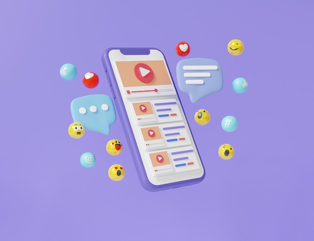 Social network mobile phone modern playing video talk comment content with emoji passive income concept wireless media connection cartoon minimal 3d render illustration