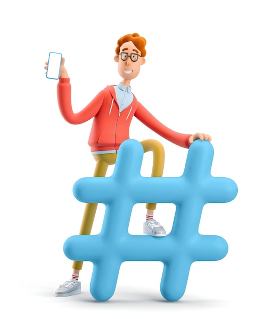 Social network modern communication concept Nerd Larry with hashtag sign 3d illustration