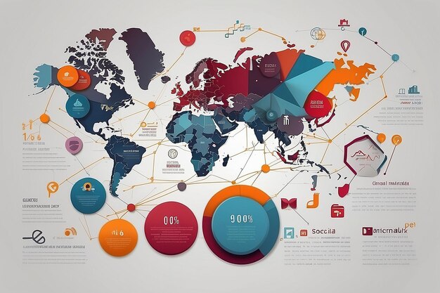 ソーシャルネットワーク 世界のコンピュータネットワークで世界地図でセットされた様々な形状の輝くピクトグラム