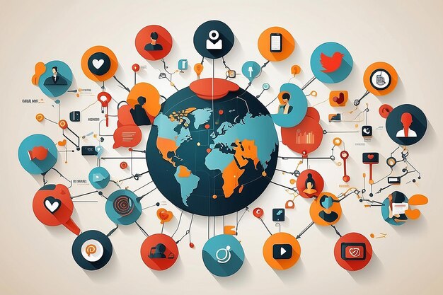 Rete sociale varie forme scintillanti pittogrammi impostati con la mappa del mondo nelle reti informatiche globali