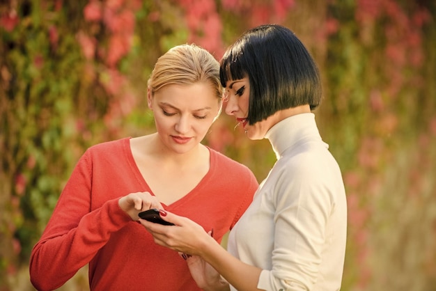 ソーシャルネットワークのコンセプト共有リンクオンラインで購入最新のテクノロジーサーフィンインターネットオンラインでのコミュニケーションスマートフォンを持った2人の女性が屋外でコミュニケーションをとる女の子が電話を見てコミュニケーションをとる