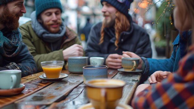 Foto sociale bijeenkomst rond een houten tafel