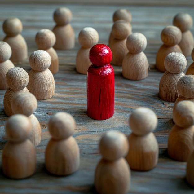 Foto sociale dynamiek rode houten pop omgeven door het overbrengen van discussies of leiderschap voor sociale media pos