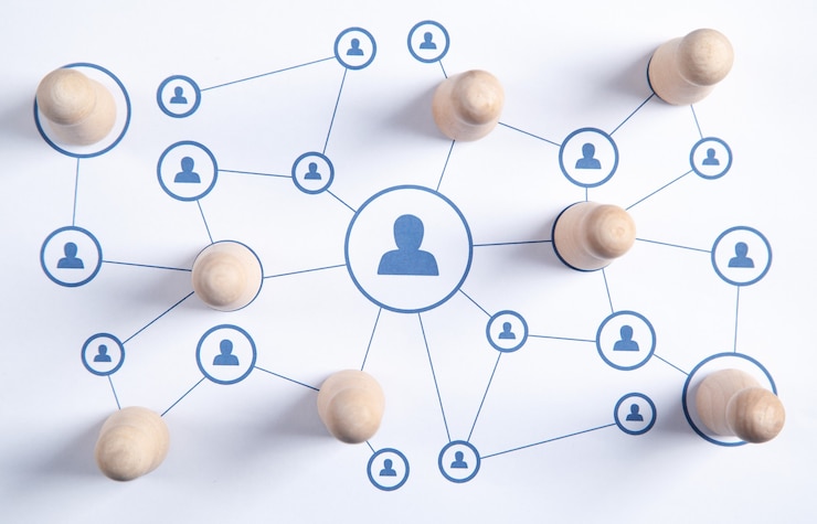 Foto sociale media netwerken. houten menselijke figuren