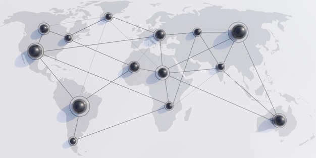 Foto sociale media netwerken zwarte bollen verbonden met lijn op grijze kaartachtergrond boven weergave 3d renderen