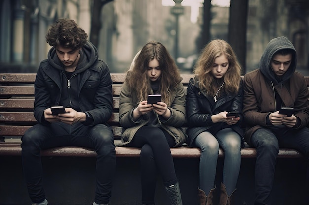 Sociale netwerken en het proces van zombificatie van de jongere generatie Tieners zitten op een bankje op straat nadat ze in de schermen van hun smartphones zijn gevallen