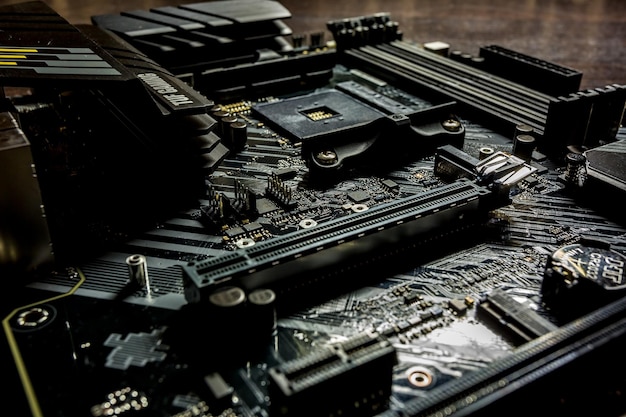 Photo socket am4 for amd processor on black motherboard asus tuf gaming on the new b550 chipset