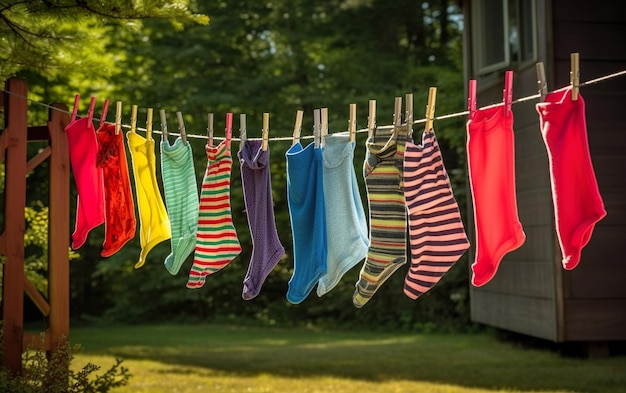 Socks hanging on a clothesline with one wearing a striped scarf