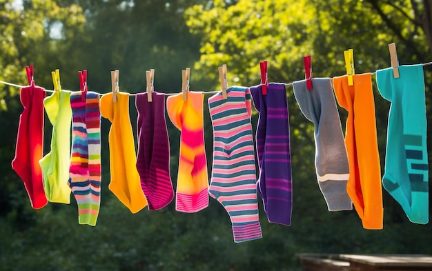 Socks hanging on a line in the sun