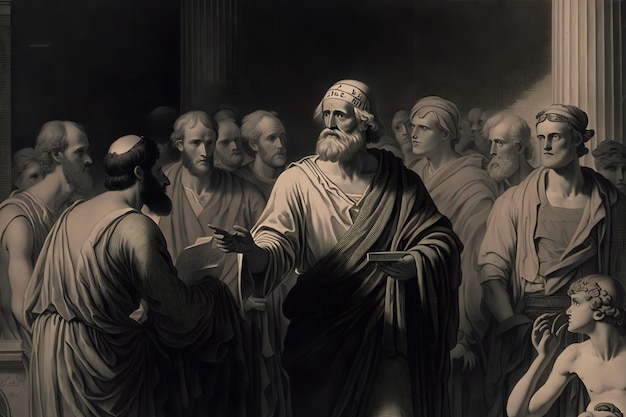 Socrates standing in front of a group of judges and citizens in the agora