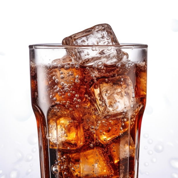 Photo soda bubbles in a cola with ice in glass coolness isolated on white background