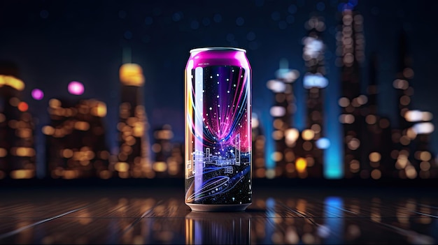 Soda can mockup with a cityscape in the background