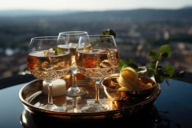 Soda in a champagne bowl in elegant celebration overlooking the city generative IA