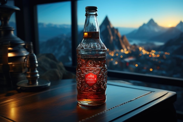 Soda in glazen fles in een raam met uitzicht op de berg generatieve IA