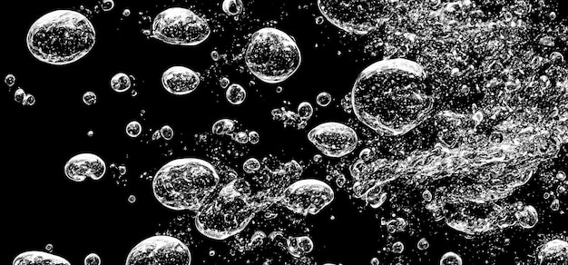 Soda water bubbels spatten onder water tegen zwarte achtergrond
