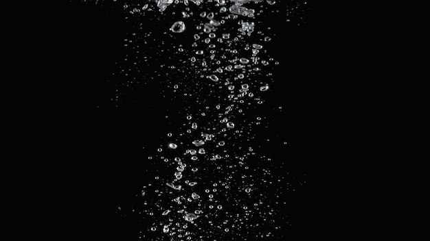 Soda water bubbles splashing and floating drop in black background represent sparkling and refreshing