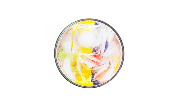 Soda with fruit pieces isolated Fruit coctails Soft drink with fruits