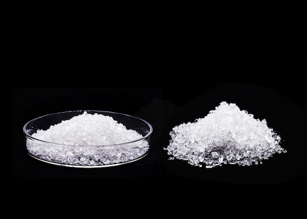 sodium chloride in petri dish known as salt or table salt important food preservative and popular seasoning isolated on black background