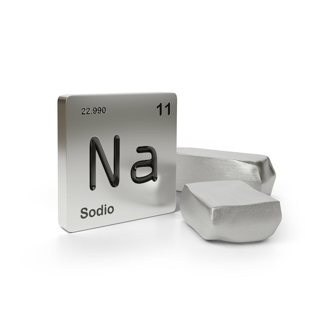 Sodium element symbol from the periodic table in spanish near metallic sodium 3d illustration