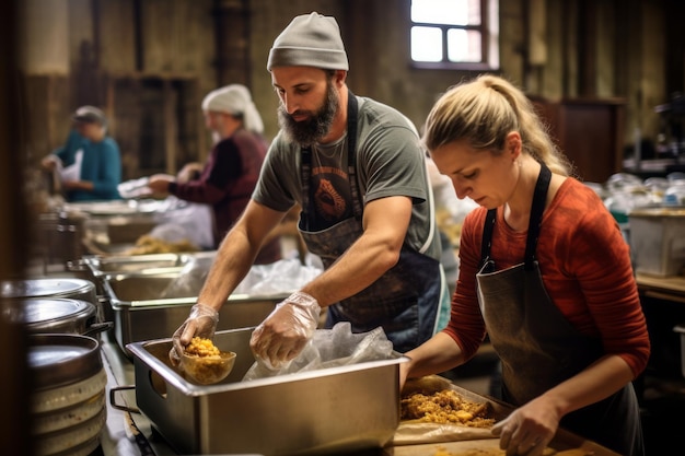 Soepkeuken met vrijwilligers die eten bereiden